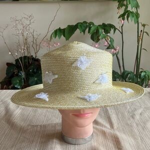 Metallic Gold Cream Straw Hat with White Beaded Floral Accents